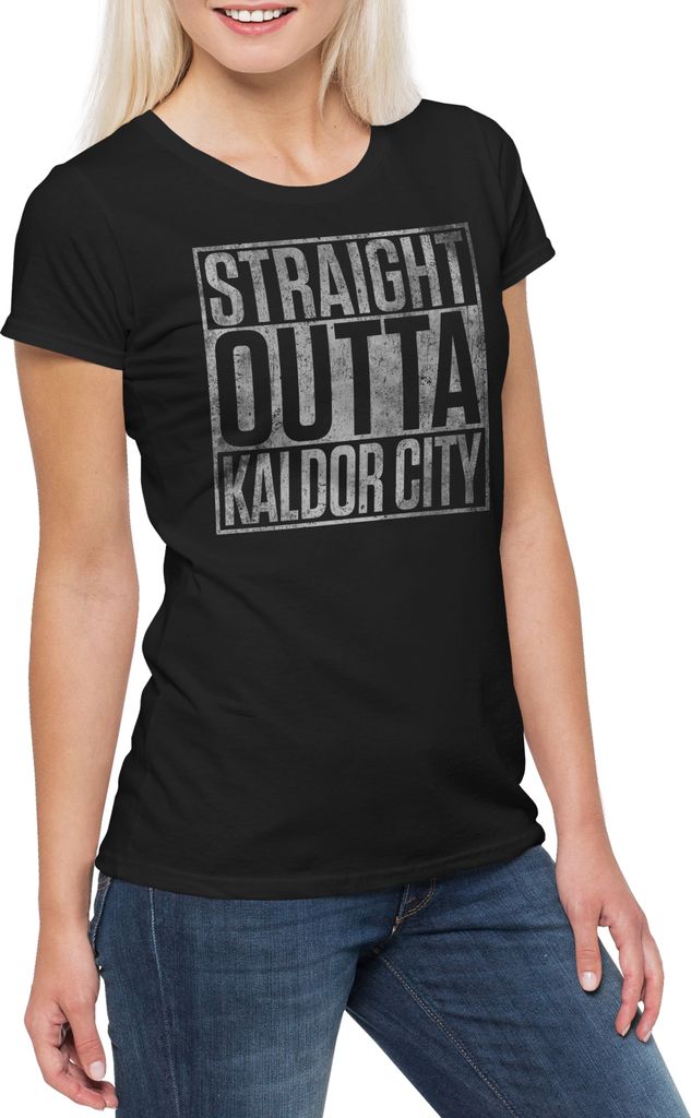Urban Backwoods Straight Outta Kaldor City, Damen T-Shirt, Farbe: Schwarz, Größe: XL
