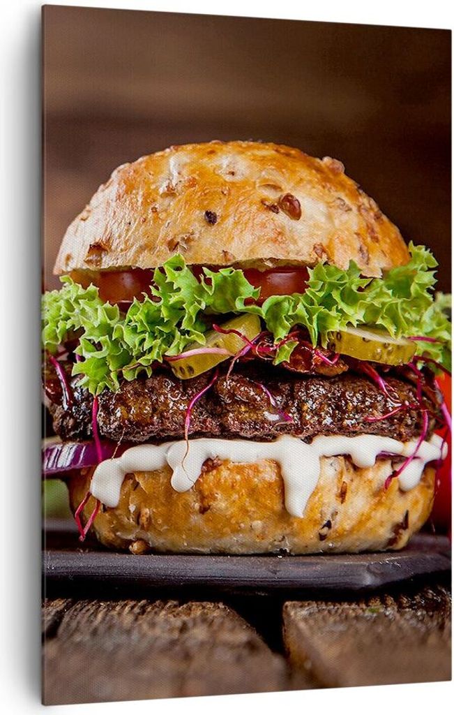 Bild auf Leinwand - Leinwandbild - Einteilig - Amerikaner Hamburger Essen Barbecue - 80x120cm - Wand Bild - Wandbilder - Leinwanddruck - Wanddekora...