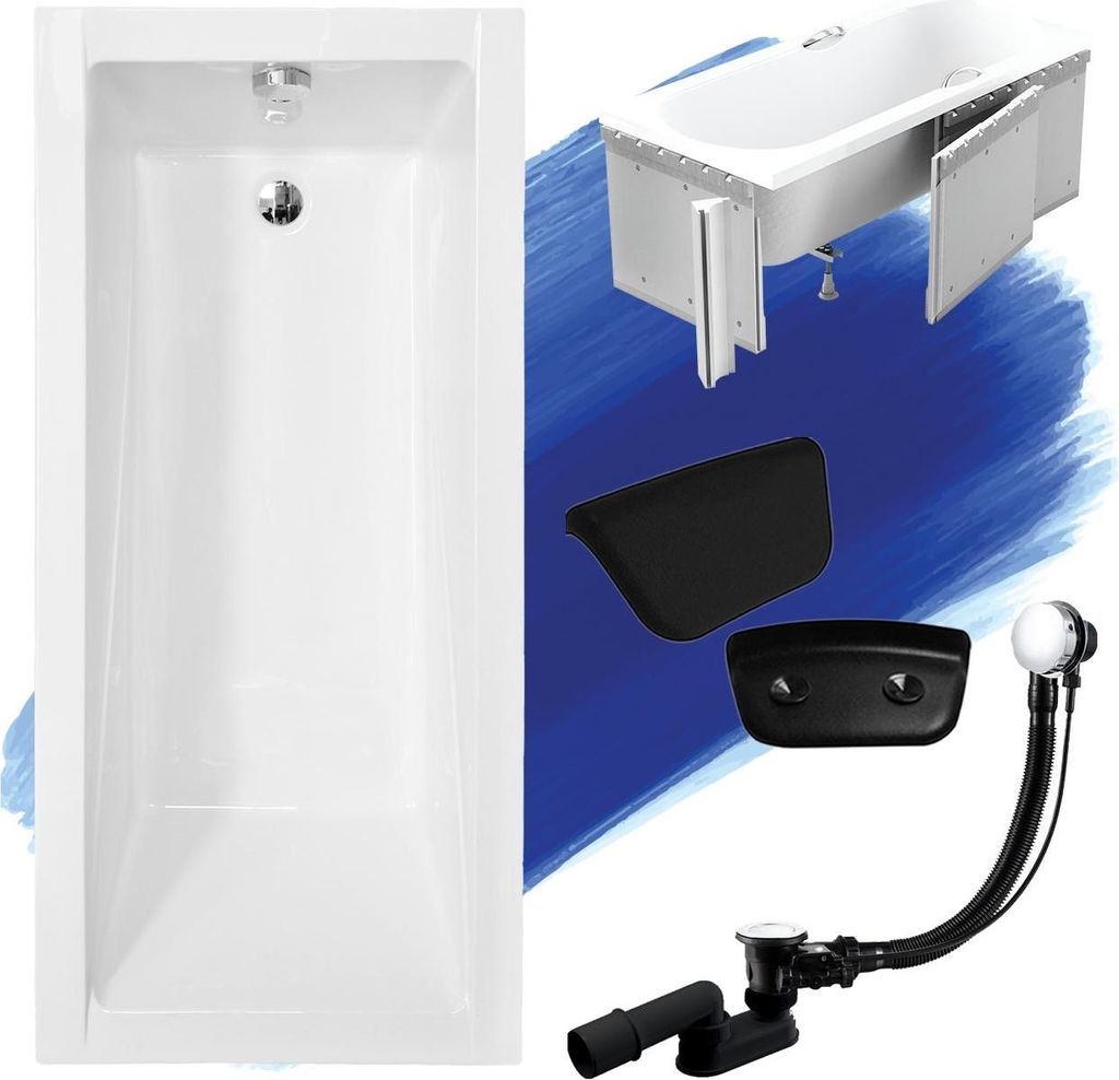 Badewanne Rechteck Set 5in1 150x70 mit Premium Ablaufgarnitur und Füßen GRATIS + Verkleidung (Styropor) + Kopfstütze in Schwarz | BADLAND MODERN
