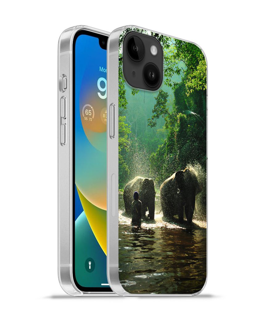 MuchoWow Handyhülle Schutzhülle Hülle für Apple iPhone 14 Plus - Soft case Elefant - Wasser - Bäume - Grün - Tiere Silikon Softcase Handy H...