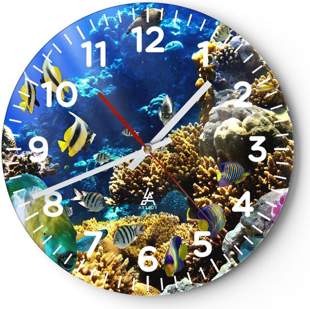 Wanduhr - Rund - Glasuhr - Korallenriff Ozean Krabbe Fisch - 30x30cm - Schleichendes Uhrwerk - Lautlos - zum Aufhängen bereit - Dekoration Modern ...