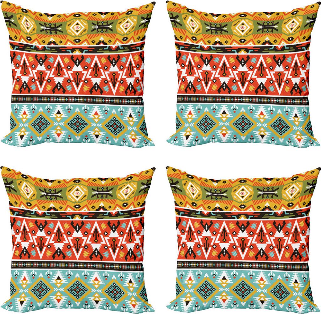 ABAKUHAUS Stammes Kissenbezug Set (4 Stück), Liebe und Abenteuer Aztec, Moderner Doppelseitiger Digitaldruck, 45 cm x 45 cm, Scarlet Senf Blau