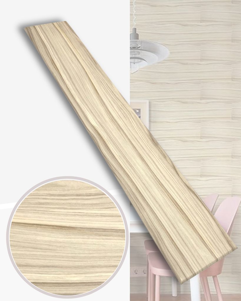 A wooden plank with a wood grain texture is shown diagonally across a white background, with a close-up inset of the texture in the lower left. The background also shows a hint of a room with a light fixture and a pink chair.