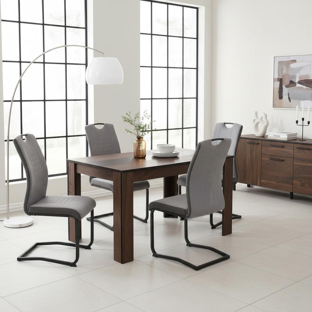 5tlg. ESSGRUPPE Rems, 1 Tisch Holzoptik+Schwarz/Weiß - Winkelfuß - Maß 140x80cm + 4 Schwinger Stühle Hellgrau - Lehne mit Griff - 120kg belastbar