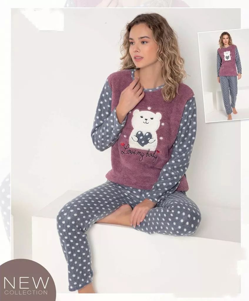 Damen Pyjama POLAR Schlafanzug Lila XL 2-Teiler Set Lang Produktbild 