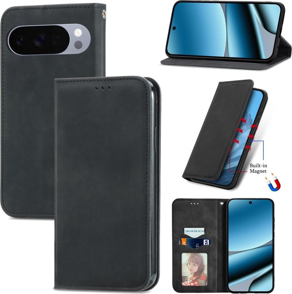 Mobigear Retro Slim Google Pixel 10 Pro XL Hülle Klapphülle Geldbörse - Schwarz