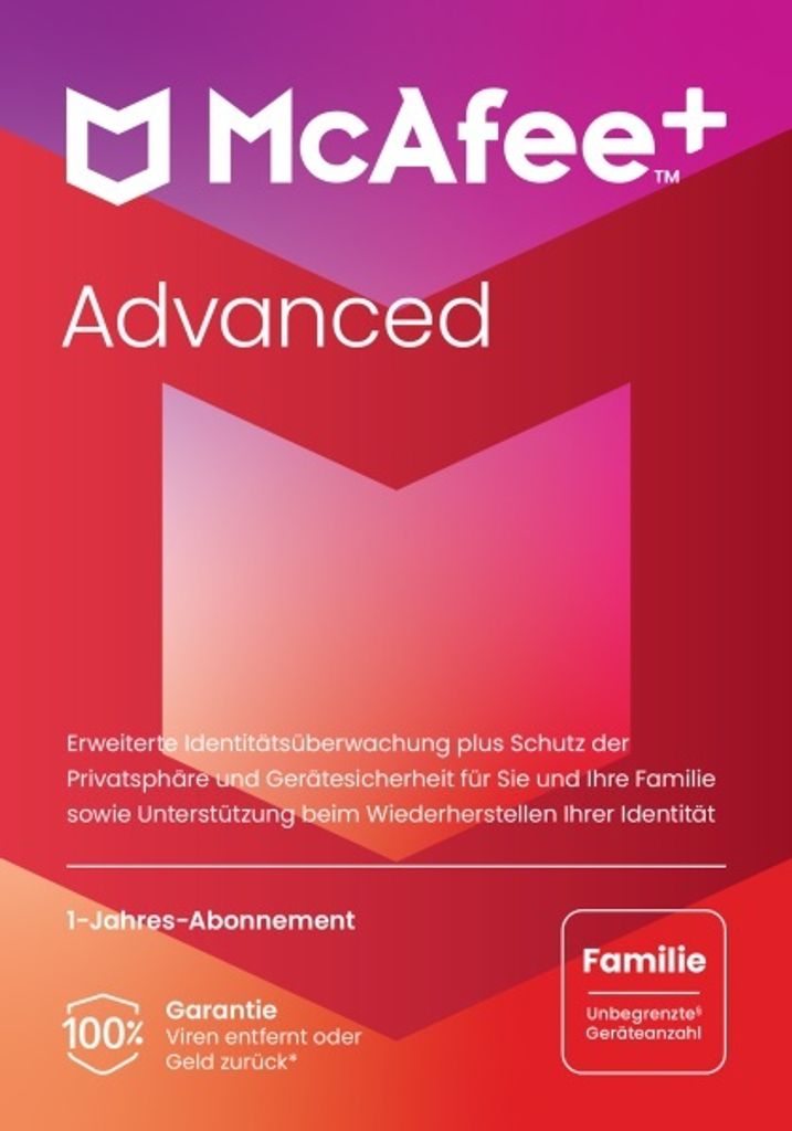 McAfee + Advanced - Family, 1 Jahr, 1 lizenz, Windows/Mac OS/Android/iOS, 1 Lizenz(en), 1 Jahr(e), Code in einer Box