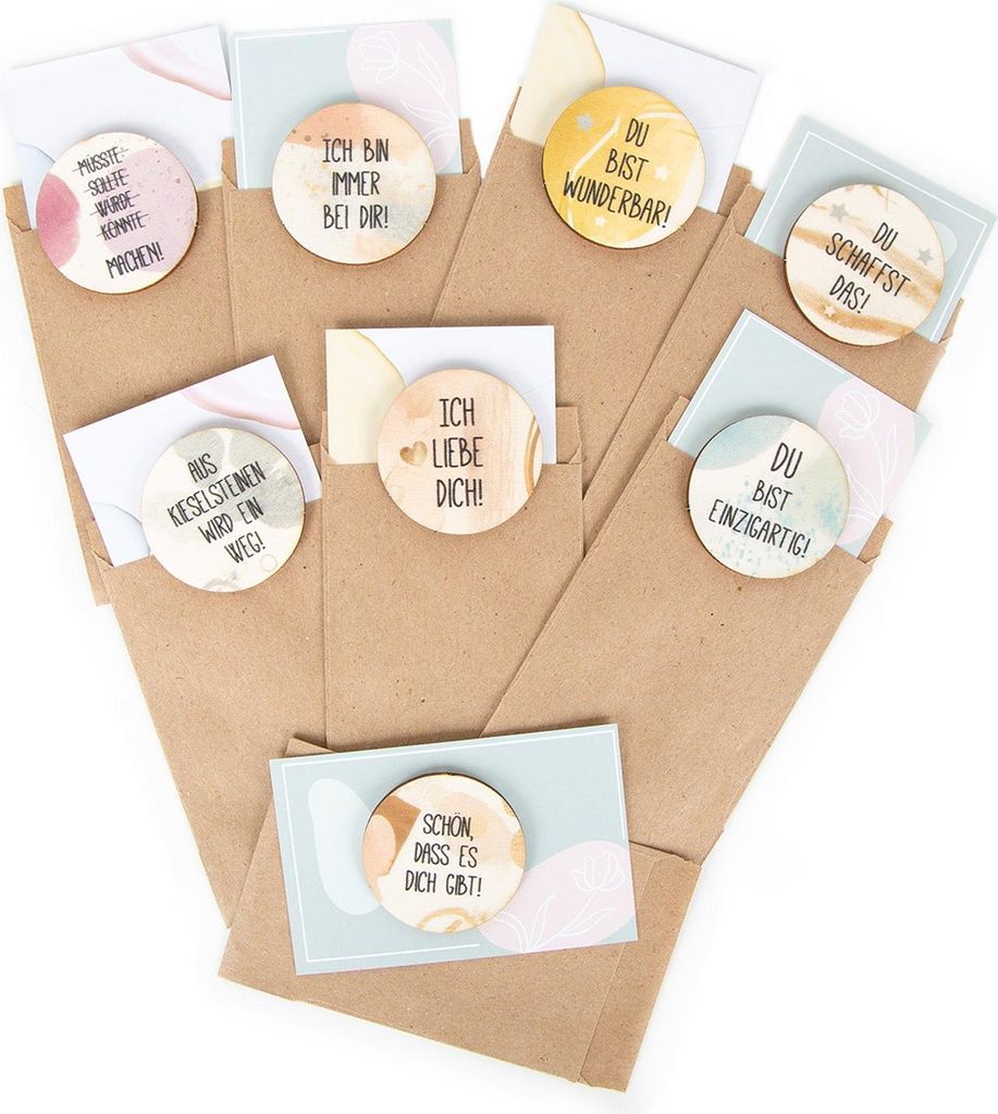 8 Mini Karten 6,3 x 9,3 cm - Glücksmünzen aus Holz mit Sprüche