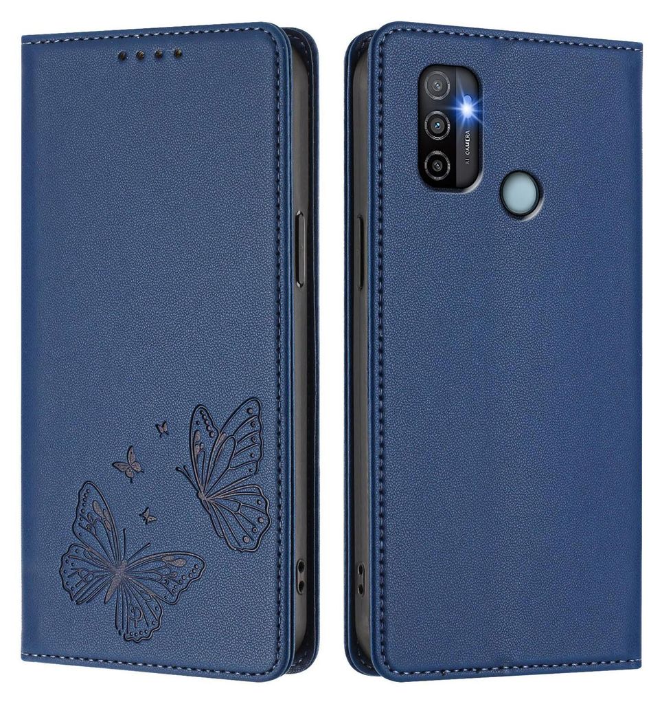 Lederhülle für Oppo A11s/A32/A53 4G/A53s 4G/A32 2020, Schmetterling Prägung Leder Brieftasche Schutzhülle mit Ständer Dunkelblau