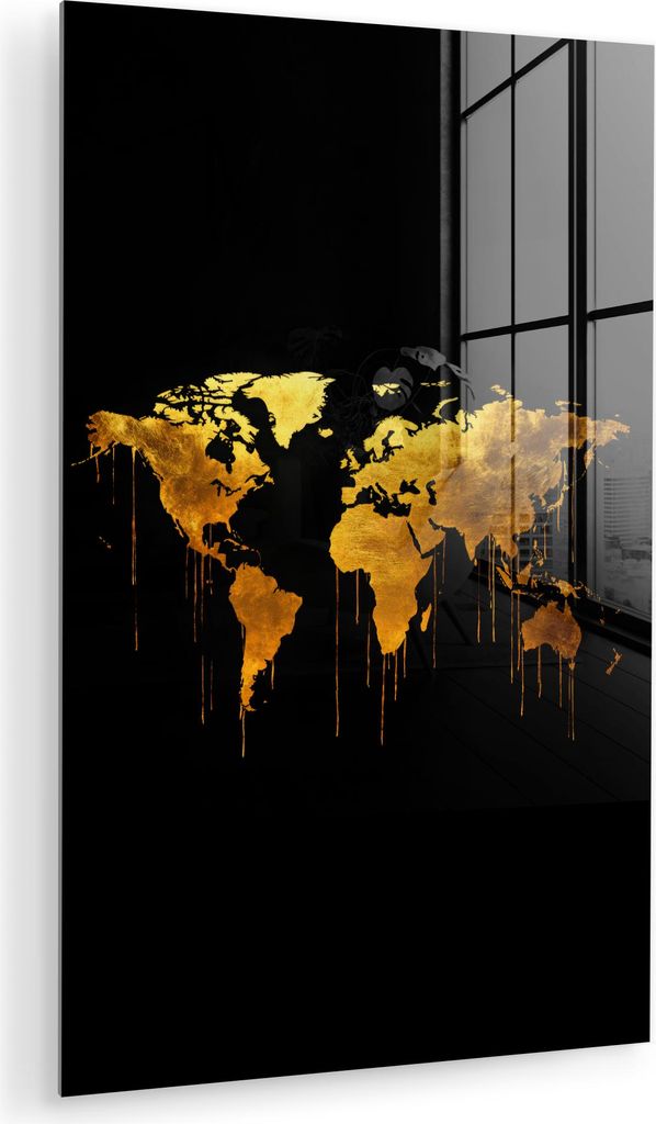 MuchoWow Glasbilder - Bilder auf Wandbild - Foto auf Glas Weltkarte - Gold - Tropfend - Schwarz 20x30 cm Wanddekoration aus Glas - Acrylglasbild - ...