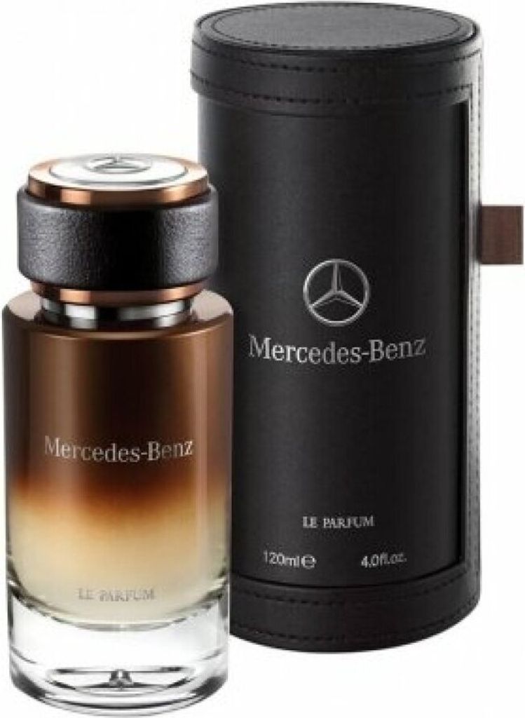 A bottle of Mercedes-Benz Le Parfum for men and its cylindrical packaging are displayed against a white background.