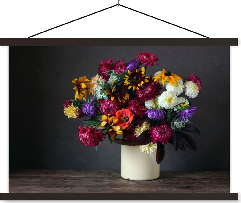 MuchoWow Textilposter Blumenstrauß - Farben - Stilleben 150x100 cm mit schwarzem Rahmen - Schlafzimmer