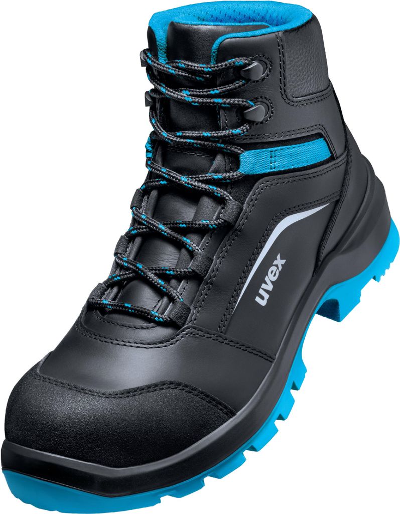 A black and blue work boot is shown against a white background.
