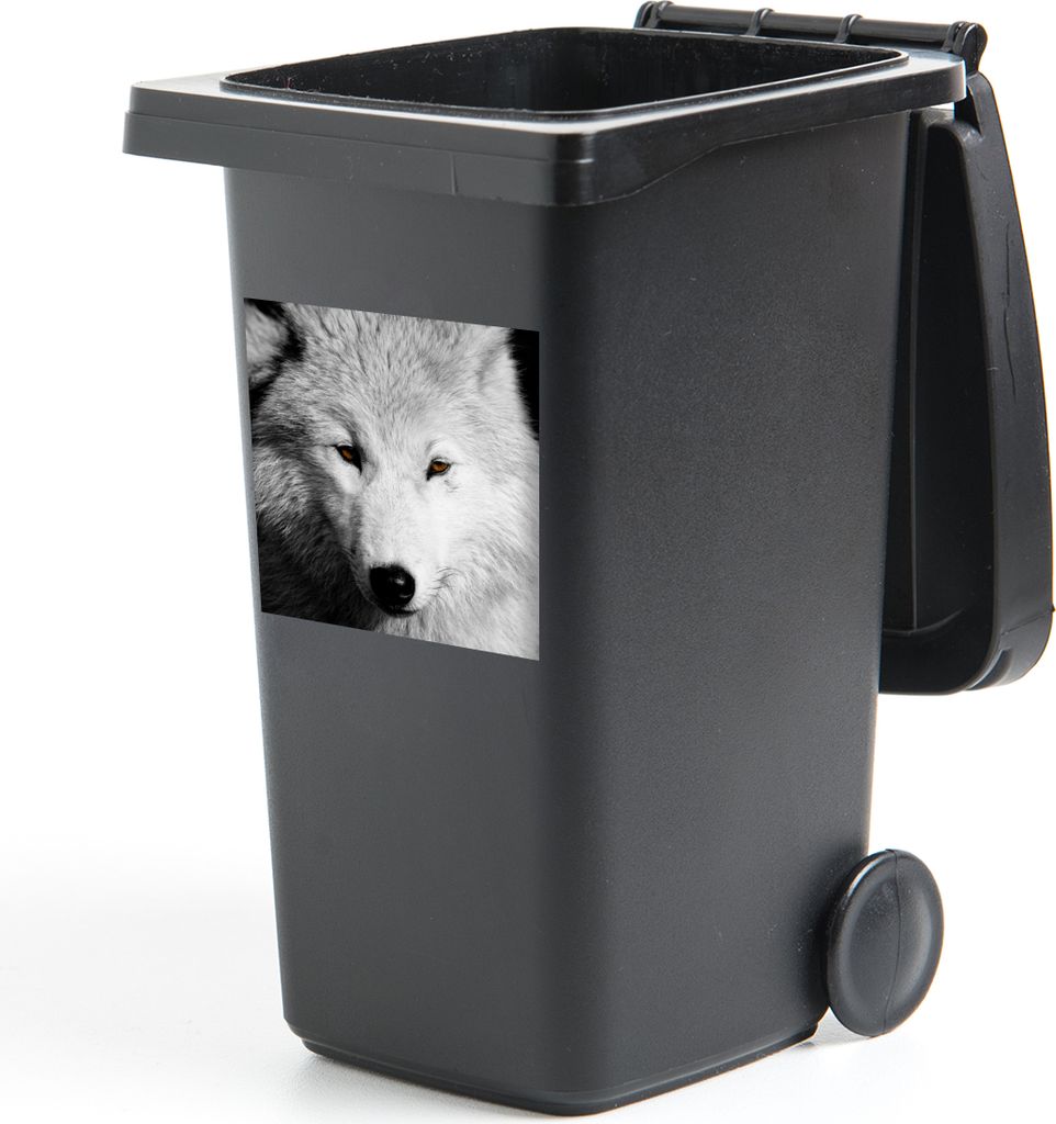 MuchoWow Mülltonnenaufkleber In der Nähe Ansicht Wolf in Schwarz und Weiß 40x40 cm - Abfall-Aufkleber - Container - für Abfallcontainer