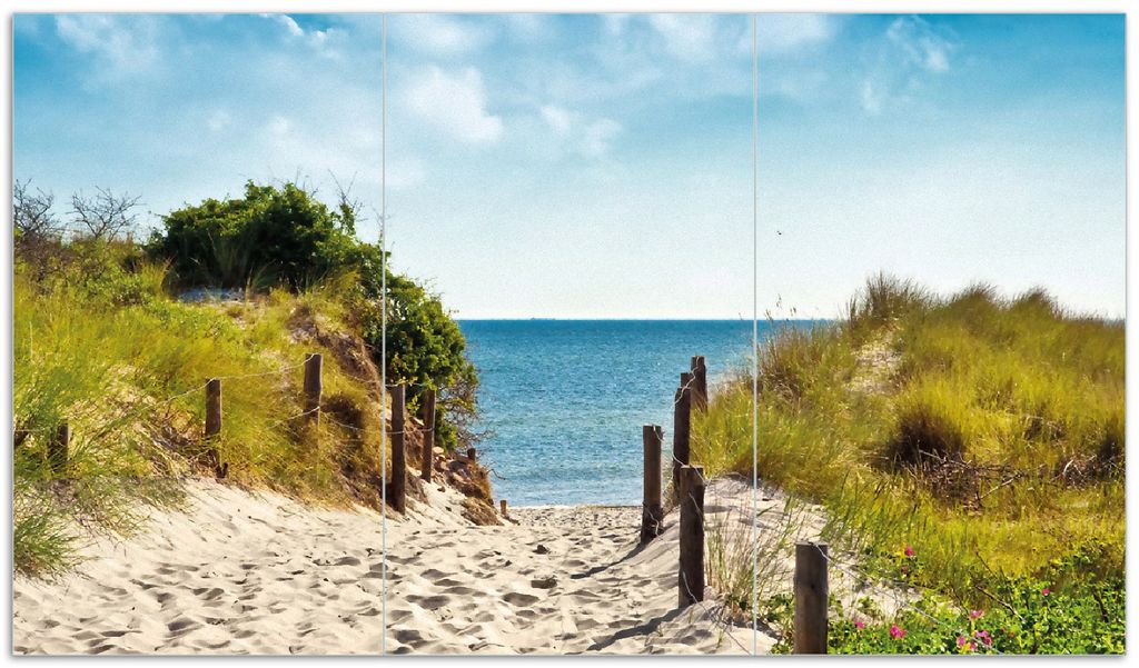 Wallario Herdabdeckplatte aus Glas, Größe 90 x 52 cm 3-teilig, Motiv Auf dem Sandweg zum Strand