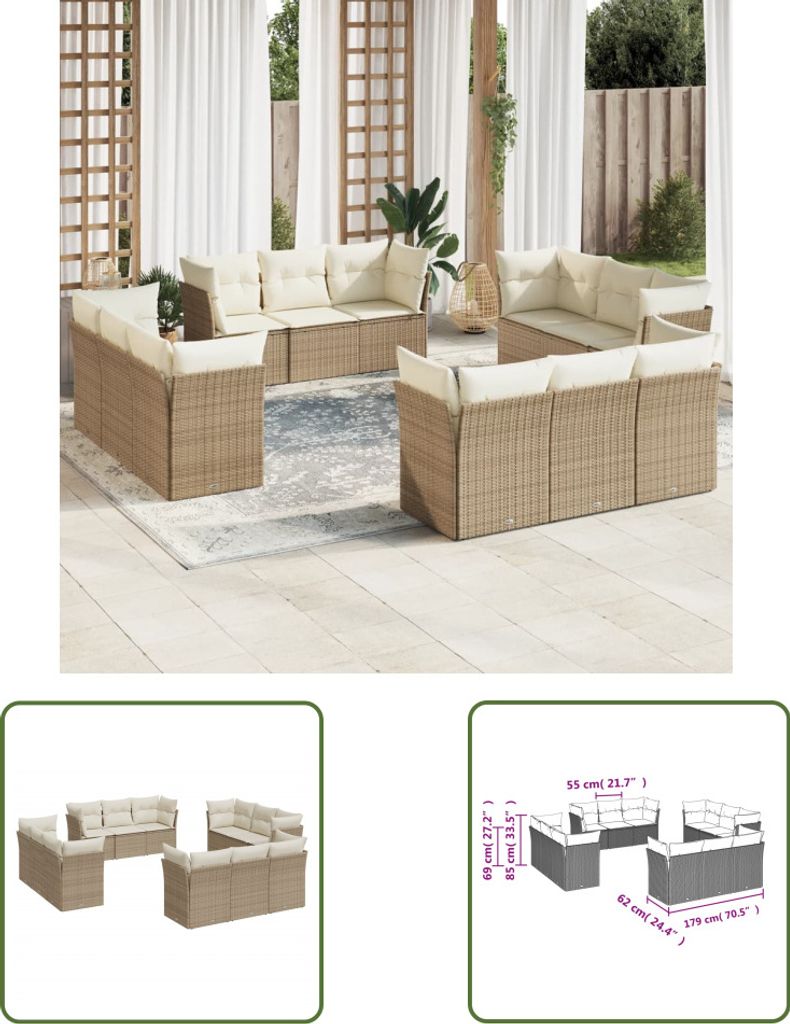 The Living Store 12-tlg. Garten-Sofagarnitur mit Kissen Beige Poly Rattan