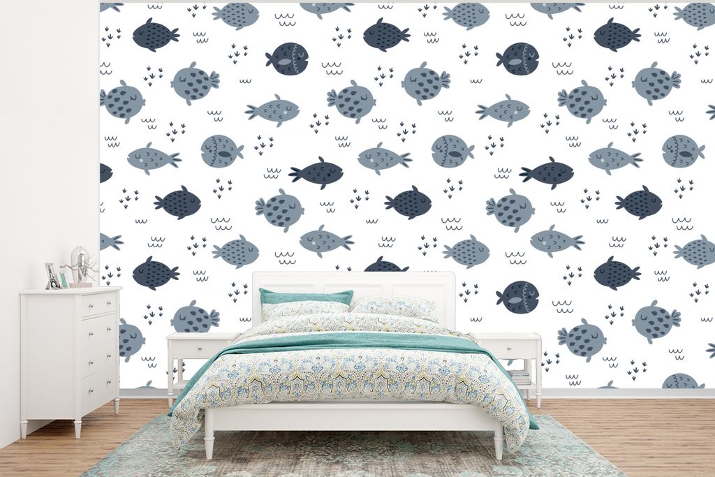 MuchoWow Fototapete für Wohnzimmer oder Schlafzimmer Wandtapete Vinyl Motivtapete Muster - Jungen - Fische - Kinder - 375x280 cm - Schlafzimmer ...