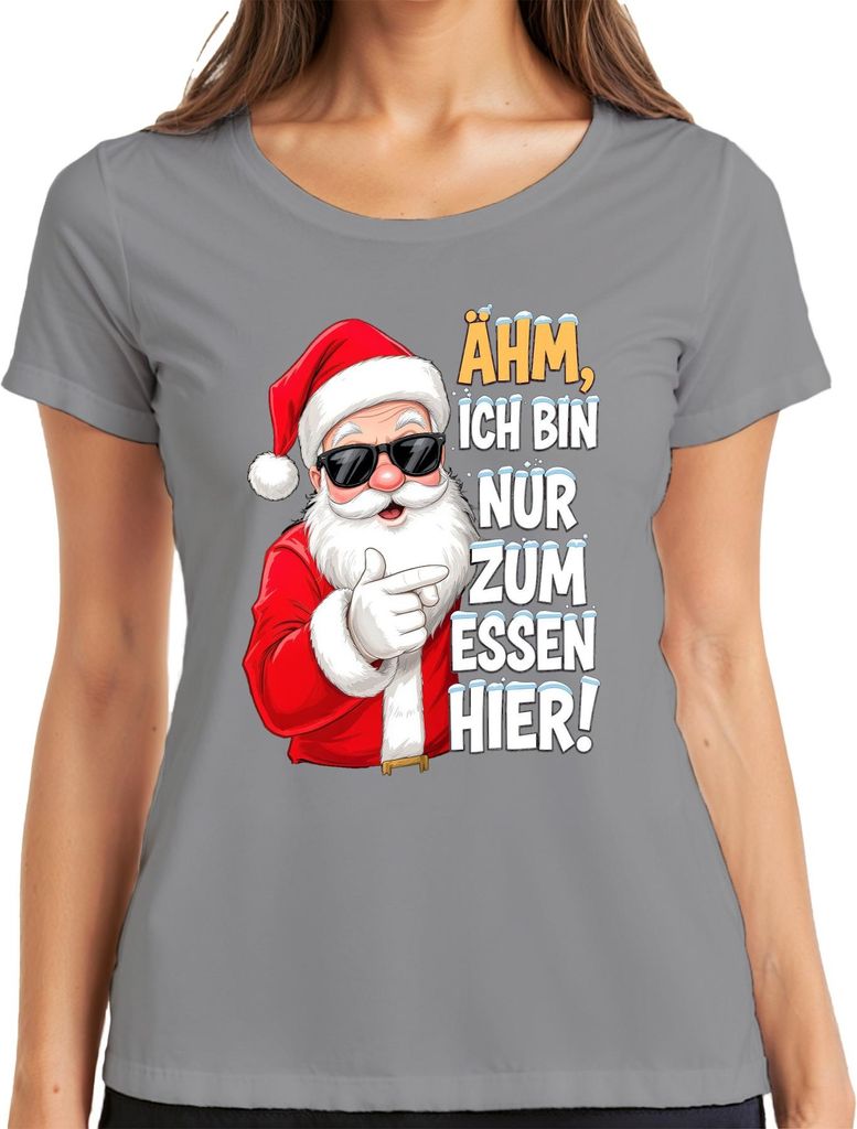 Ähm ich bin nur zum Essen hier Weihnachtsmann lustig Nikolaus Damen T-Shirt, Grau, M