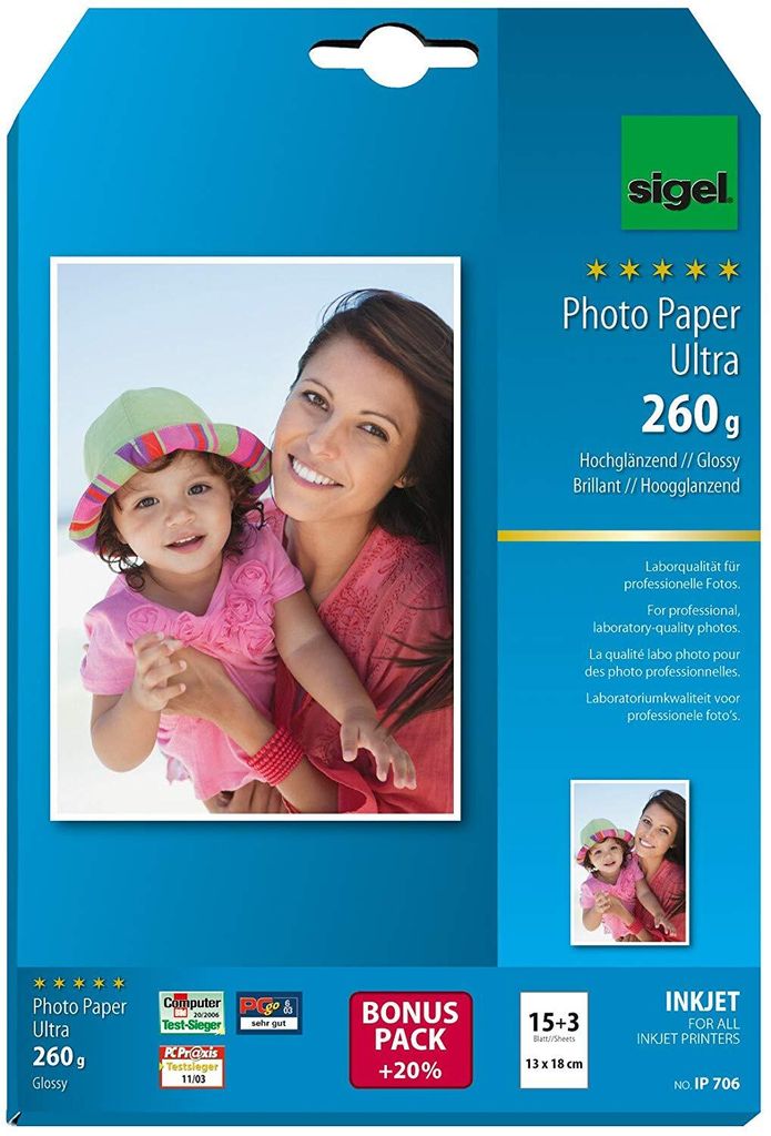 SIGEL IP706 Inkjet Fotopapier Ultra, hochglänzend, 260 g/m², 13x18 cm, 18 Blatt