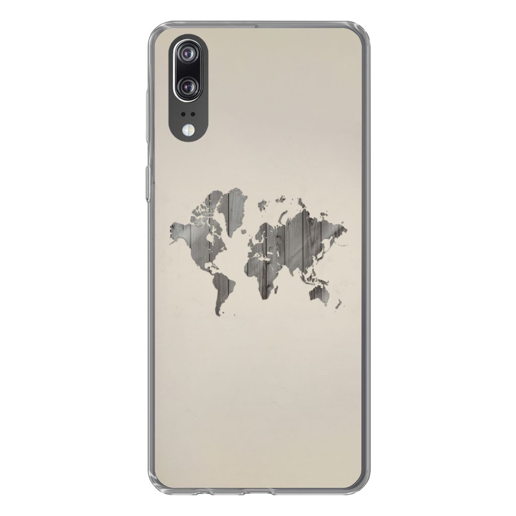 MuchoWow Handyhülle Schutzhülle Hülle für Huawei P20 Weltkarte - Holz - Regal Silikon Softcase Handy Hülle - Hardcover
