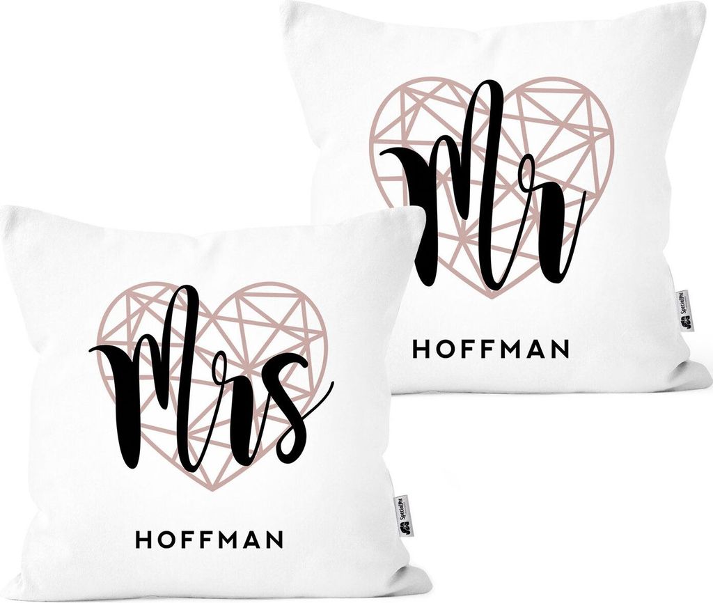 Mr & Mrs Partner Kissen-Bezüge 2er Set personalisiert mit Namen als Geschenk zur Hochzeit SpecialMe Linien Herz weiß 40cm x 40cm
