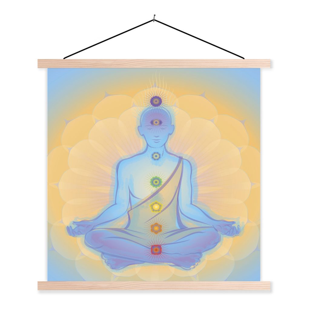 MuchoWow Textilposter Illustration eines Mönchs mit den sieben Chakren 40x40 cm mit holzfarbenen Rahmen - Posterleiste
