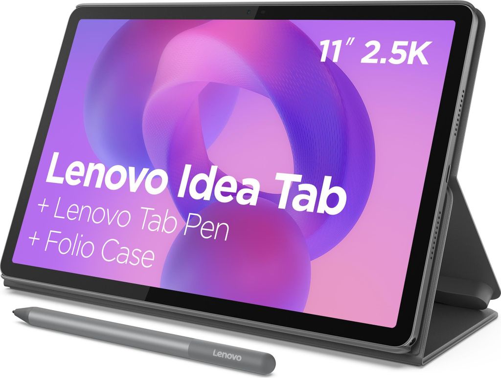A Lenovo Idea Tab with a stylus and folio case is displayed on a white background.
