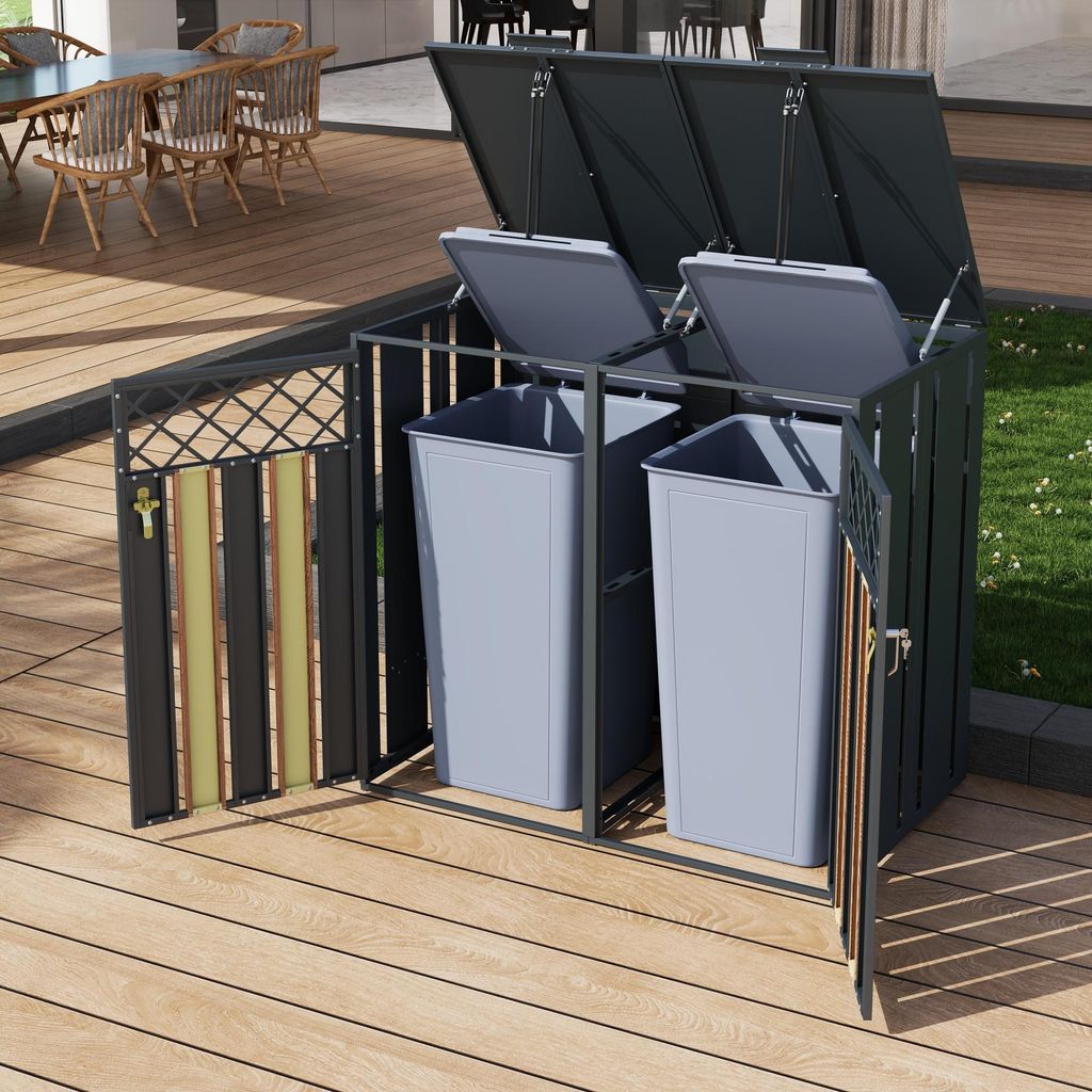 MODFU Garten-Mülltonnenbox Doppeltür-Design Hydraulischer Klappdeckel mit Metall-Türgriffen Grau Holzoptik