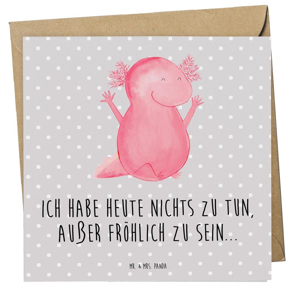 Mr. & Mrs. Panda Grußkarte Axolotl Hurra - Grau Pastell - Geschenk, Glückwunschkarte, Lurch, Schwanzlurch, anlasskarte, Spaß, doppelkarte, Klapp...