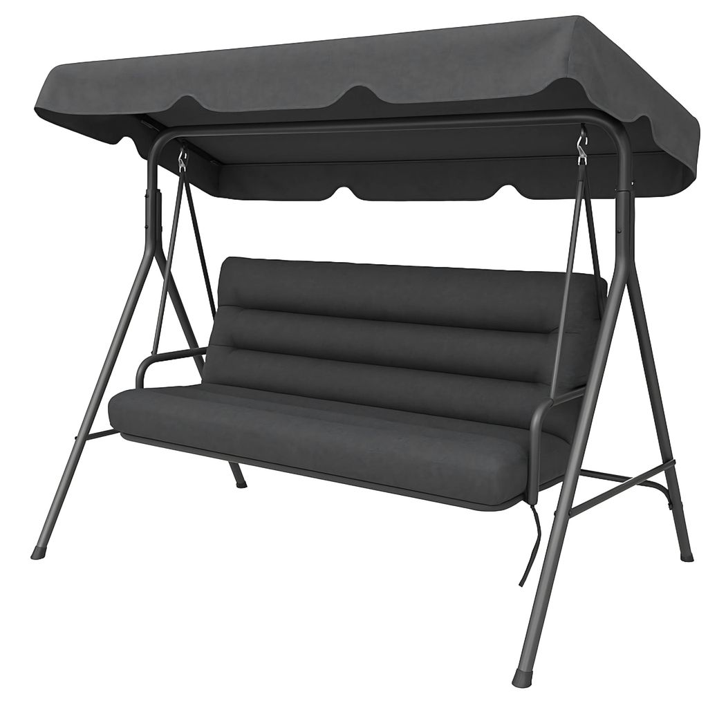A dark gray garden swing with a canopy, shown from a front-diagonal angle against a white background.