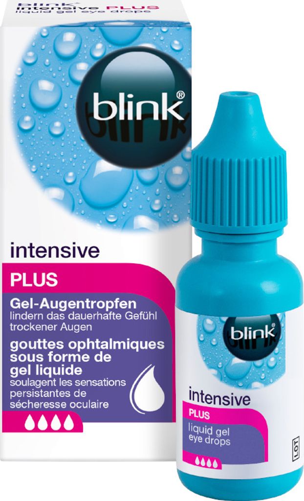 A product shot of Blink intensive tears Plus eye drops, showing both the box and the bottle.