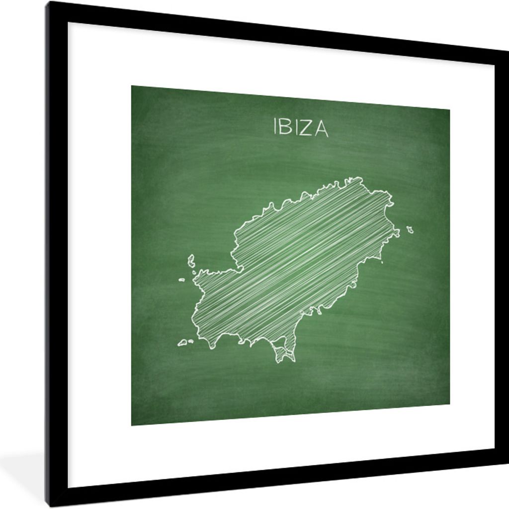 MuchoWow Gerahmtes Poster Eine Illustration einer Karte von Ibiza auf einer Kreidetafel 40x40 cm - Poster mit Schwarzem Bilderrahmen Wandposter R...