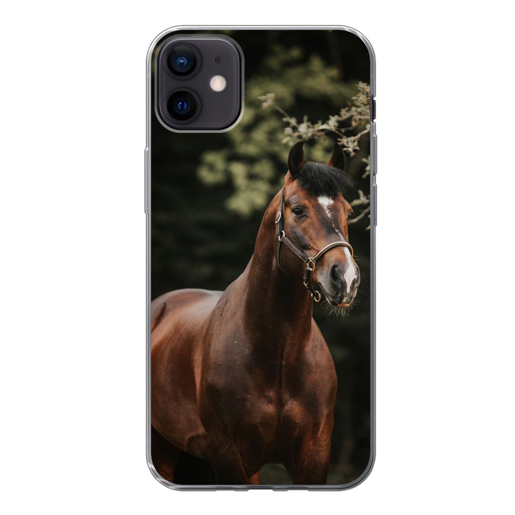 MuchoWow Handyhülle Schutzhülle Hülle für iPhone 12 mini Pferd - Äste - Porträt Silikon Softcase Handy Hülle - Bild