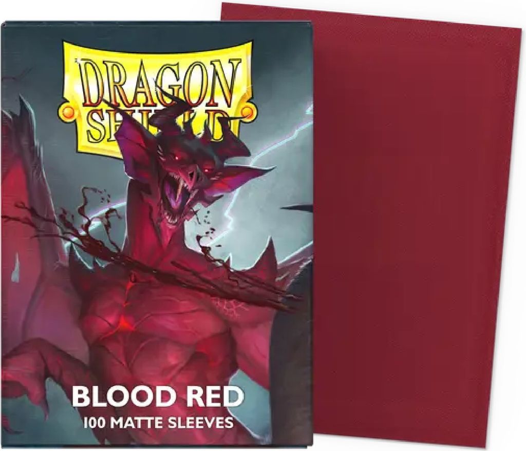 A product package for Dragon Shield Blood Red Matte Sleeves, with a dragon illustration and text.