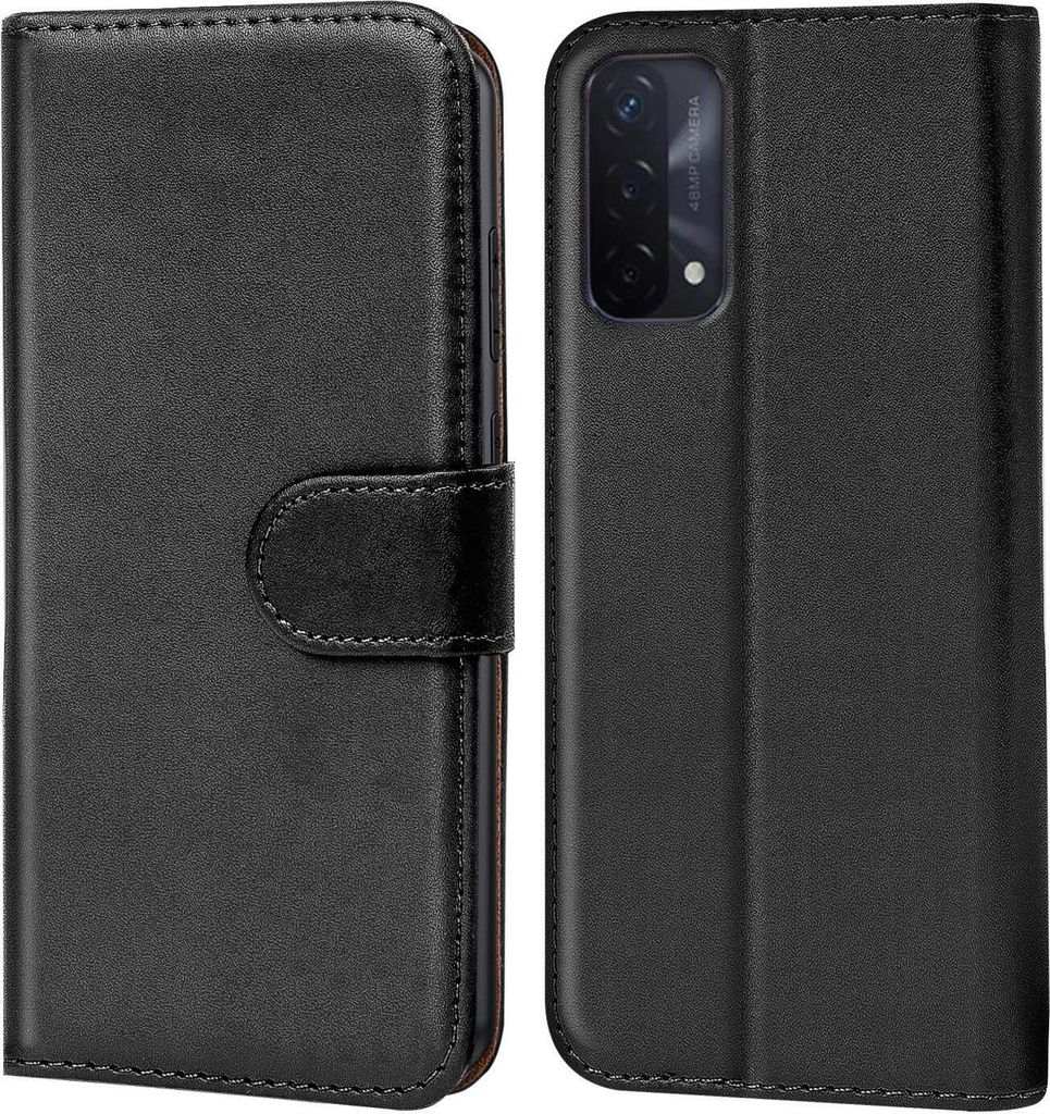 A black flip case for a smartphone is shown, with the phone inserted on the right side.