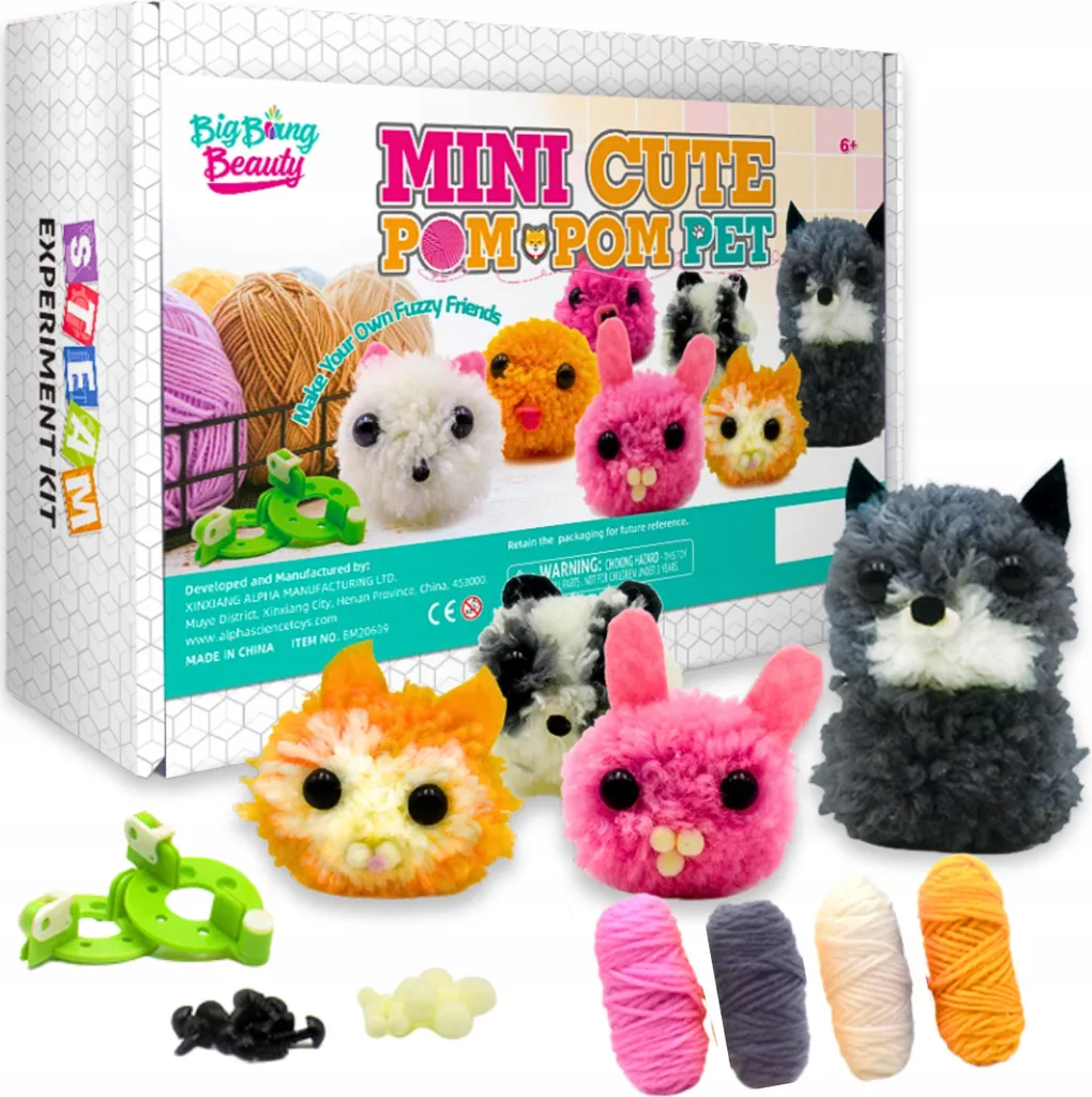 Kit Crochet Débutant Animaux Chat et Lapin avec Pompons et Fil Coton