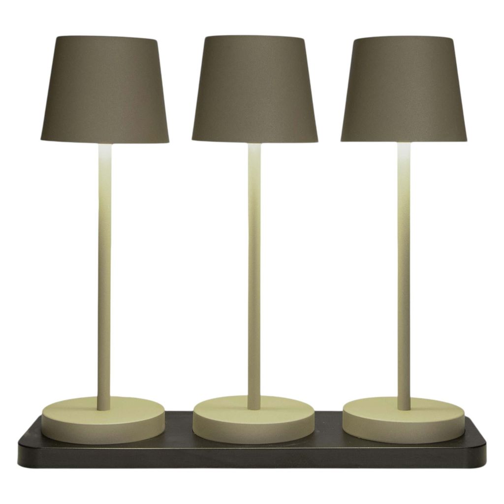 Coen Bakker 3-er Set Tischleuchten oliv grün mit Ladestation außen dimmbar touch 40 LEDs 8,5x28cm