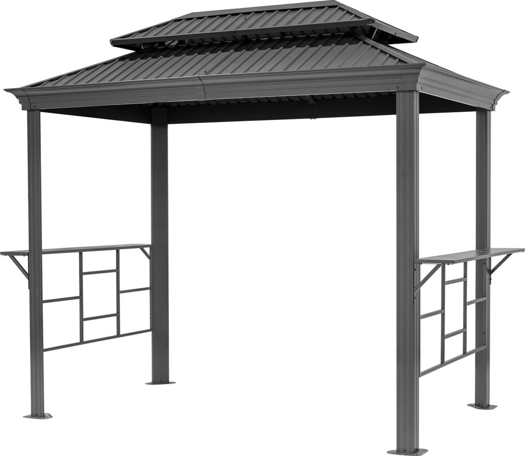 A gray metal gazebo with a double-tiered roof and two side shelves, presented against a white background.
