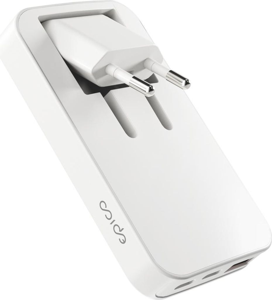 A white power adapter with European plug prongs inserted into a slot.