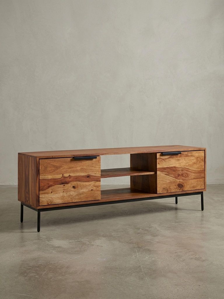 TV-Kommode für 60 Zoll Fernseher, Sheesham Massivholz, offene Ablagefächer, Anti-Rutsch-Noppen. 147x38x51 cm | Kadima Design