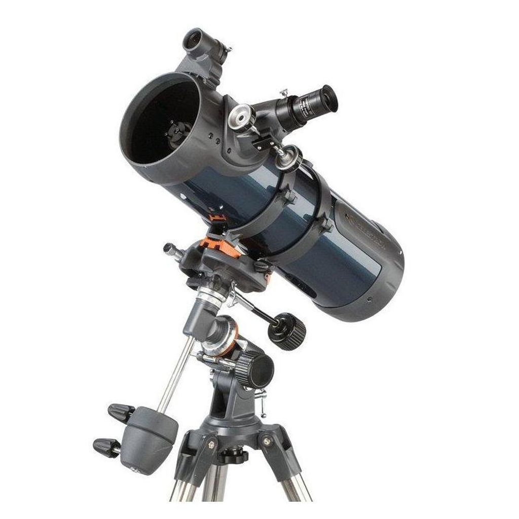 A telescope on a tripod against a white background.
