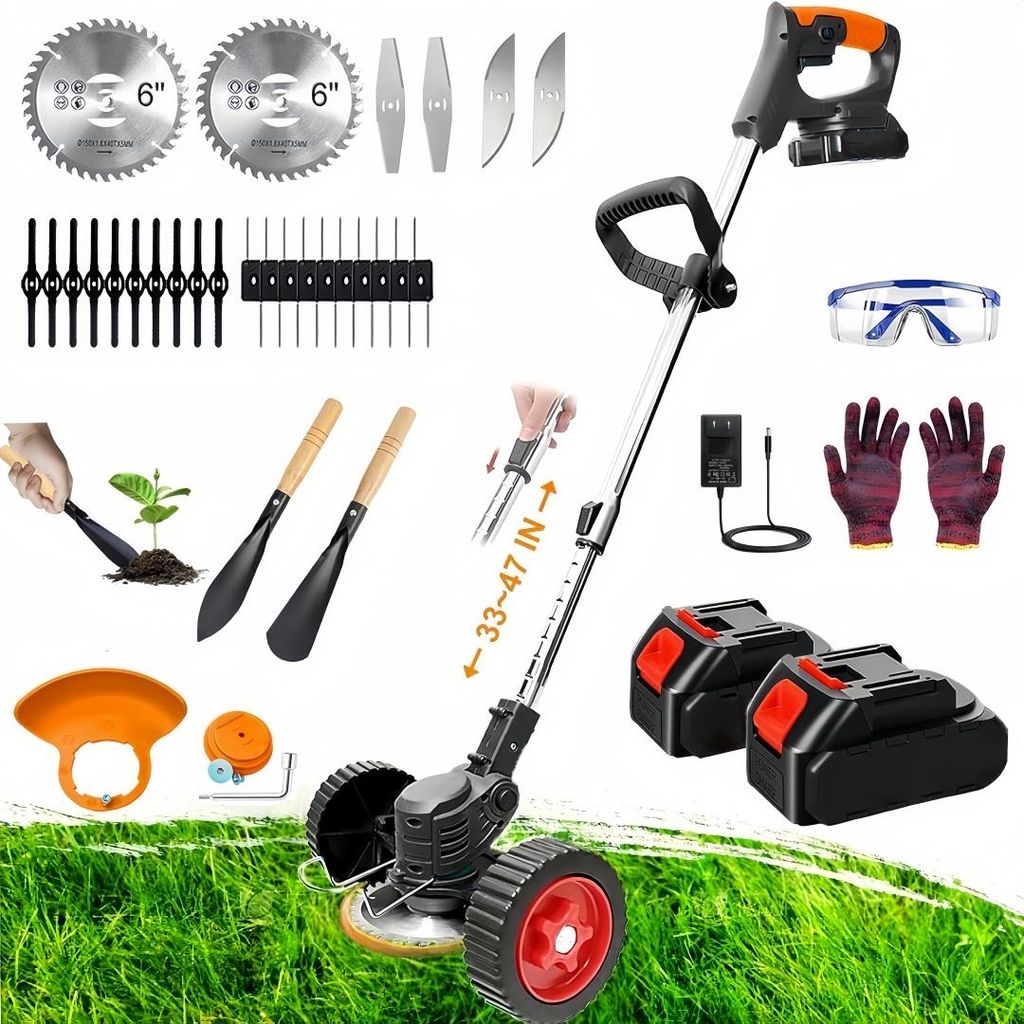 Akku-Rasentrimmer mit 2X21V Akku&Ladegerät, 26 Klingen, Elektrischer Grasschneider, mit Teleskop-Stiel und Rädern für Garten, Hof