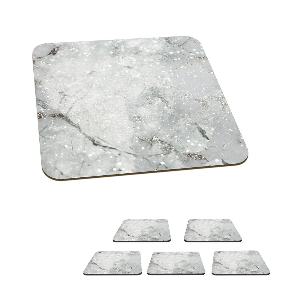 KitchenYeah Glasuntersetzer Quadratisch 6er Set Marmor - Glitter - Silber 10x10 cm Untersetzer für Gläser - Getränkeuntersetzer - Tischplatte...