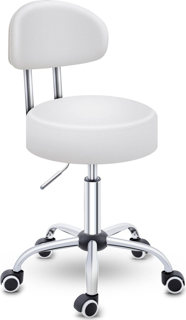 TRESKO Rollhocker mit Lehne 150 kg Weiß | Arbeitshocker höhenverstellbar 46-58 cm | Drehhocker mit Rollen | Bürostuhl Hocker Drehstuhl Kosmeti...