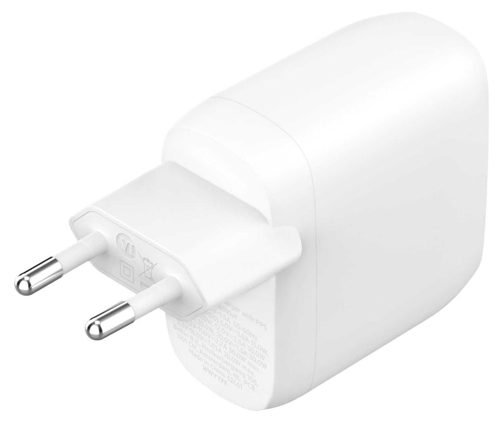 A white USB-C charger with European plug prongs.