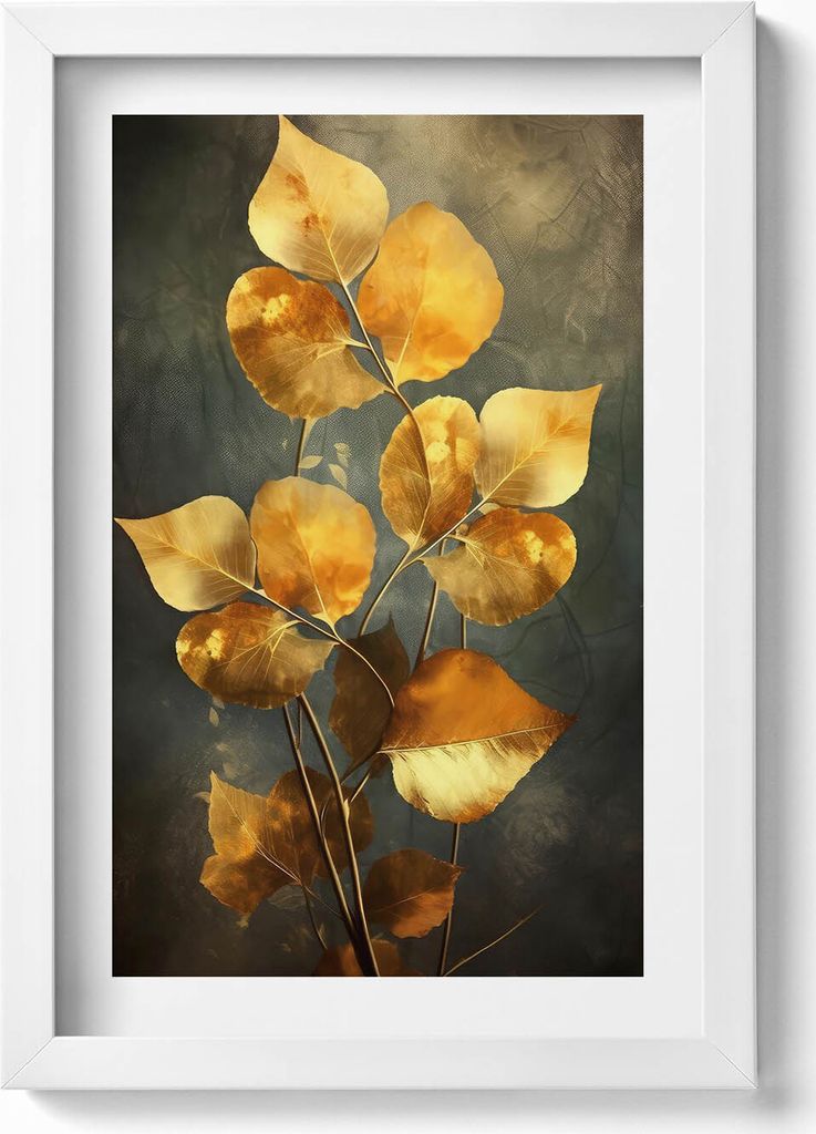 Goldene Glamour-Blätter– Wandbild mit Rahmen – Gerahmtes Bild – Wanddekoration – 20x30 cm – Weiß