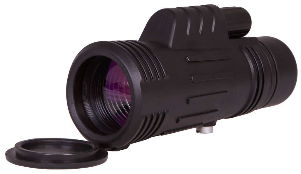 A black monocular with its lens cap off, placed on a white background.