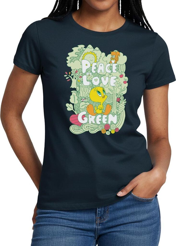 Spreadshirt Looney Tunes Tweety Peace Love Green Design Frauen T-Shirt, XXL, Navy