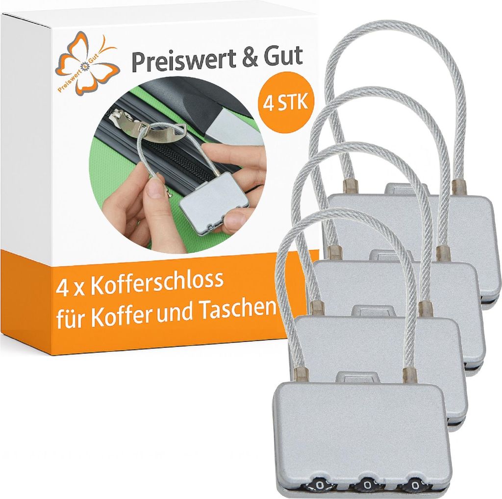 4 x Kofferschloss für Koffer und Taschen – Metall Schlösser, Silber, 3mm Draht, Zahlenschloss für sicheren Gepäckschutz