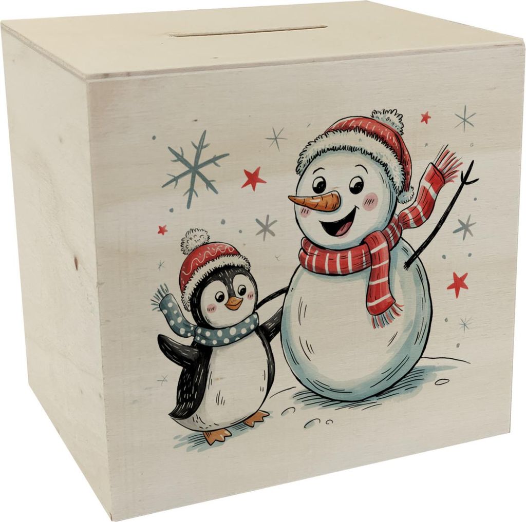 Schneemann und Pinguin mit Schneeflocken Spardose aus Holz für Winterliebhaber